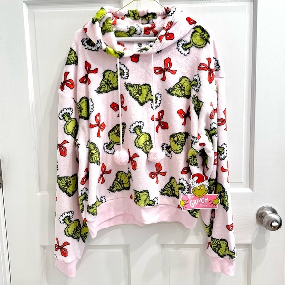 🎄Dr. Seuss grinch pink graphic hooded fleece sweatshirt size-XL bows/grinch - Picture 5 of 5